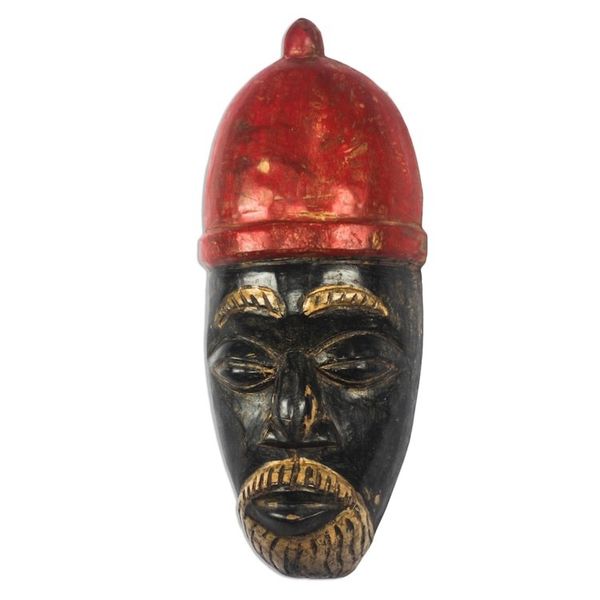 Alternate image for African Wood Mask of a King with a Red Crown from Ghana Igwe Crown