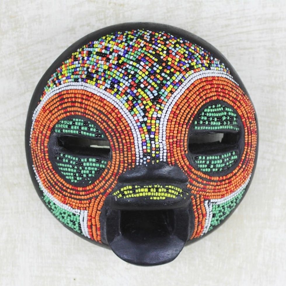 Multi-Colored Recycled Glass Bead and Sese Wood African Mask 'Friend of Nature'