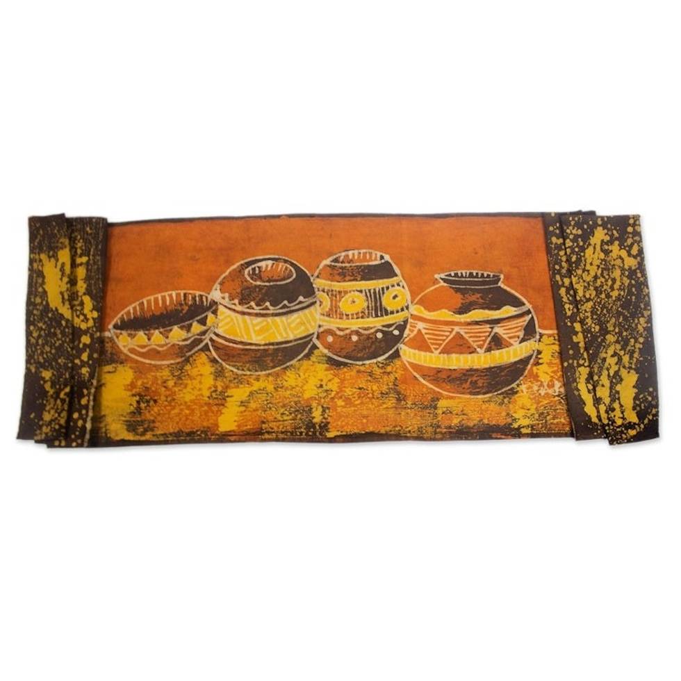 Hand Crafted Batik Cotton Table Runner from Ghana 'Beautiful Pots'
