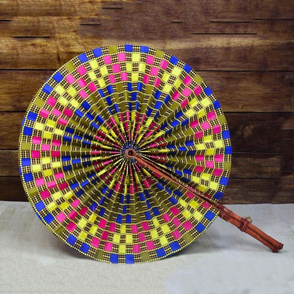 Printed Round Cotton and Leather Hand Fan from Ghana 'Round Mesmerize'