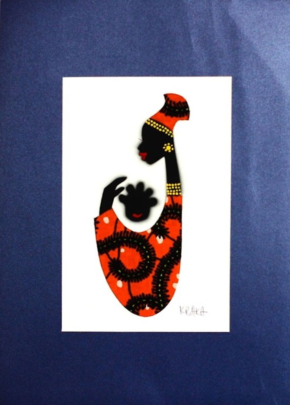 Signed Mixed Media Painting of an African Mother in Orange 'Baby Kaa Fo I'