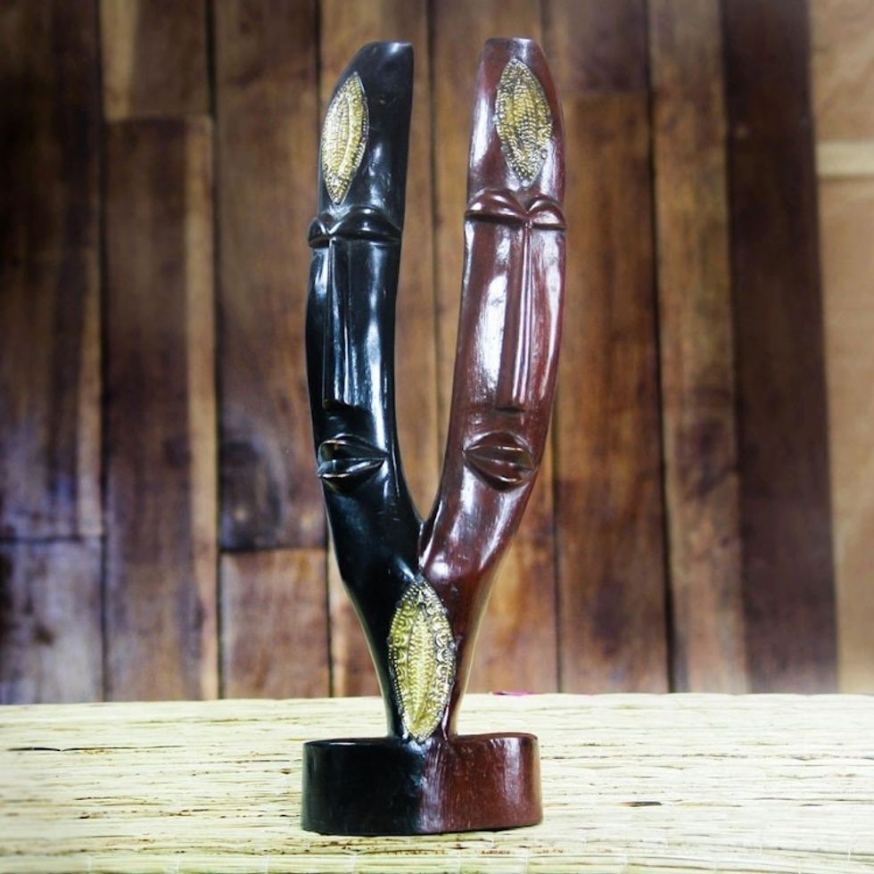 Black and Brown Wood Sculpture with Brass Accents from Ghana 'We Are Together'