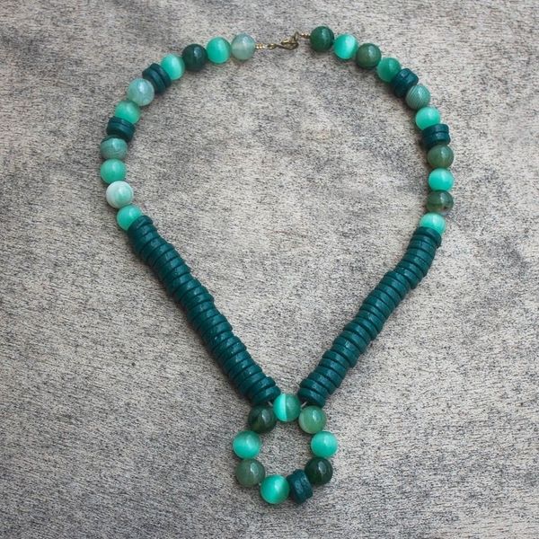 Alternate image for Green Agate Cats Eye and Recycled Glass Bead Necklace Envy