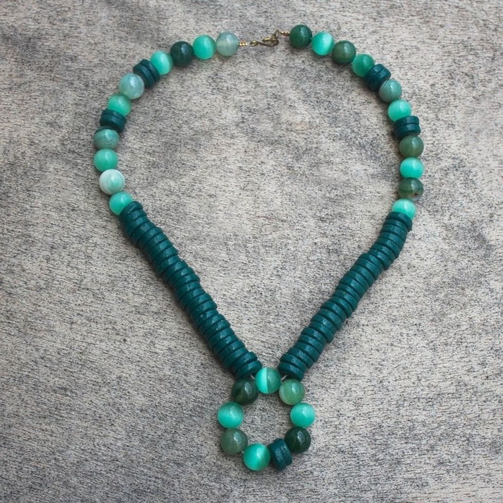 Green Agate Cat's Eye and Recycled Glass Bead Necklace 'Envy'