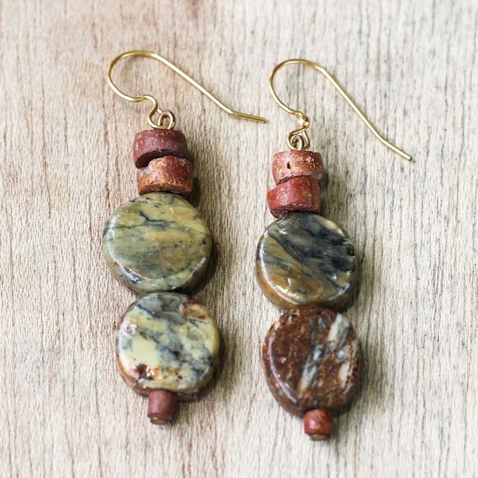 Oval Soapstone and Bauxite Beaded Dangle Earrings from Ghana 'Oval Nature'