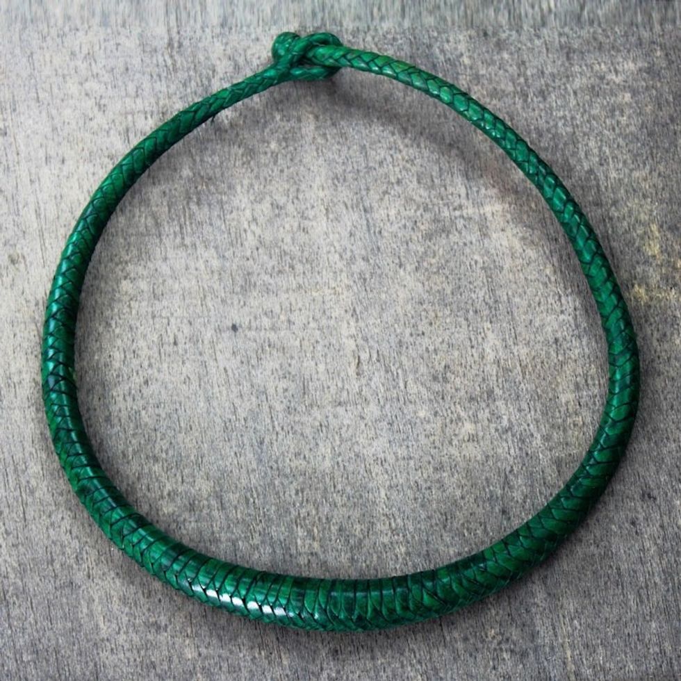 Braided Leather Necklace in Viridian from Ghana 'Mpusia in Viridian'
