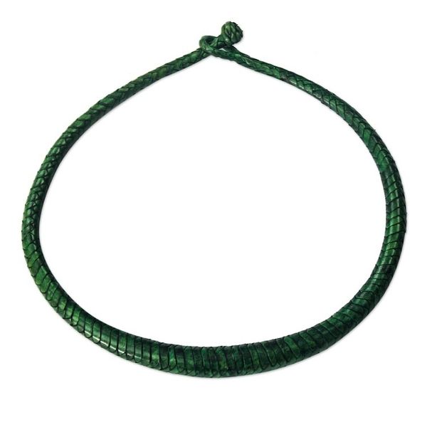 Alternate image for Braided Leather Necklace in Viridian from Ghana Mpusia in Viridian