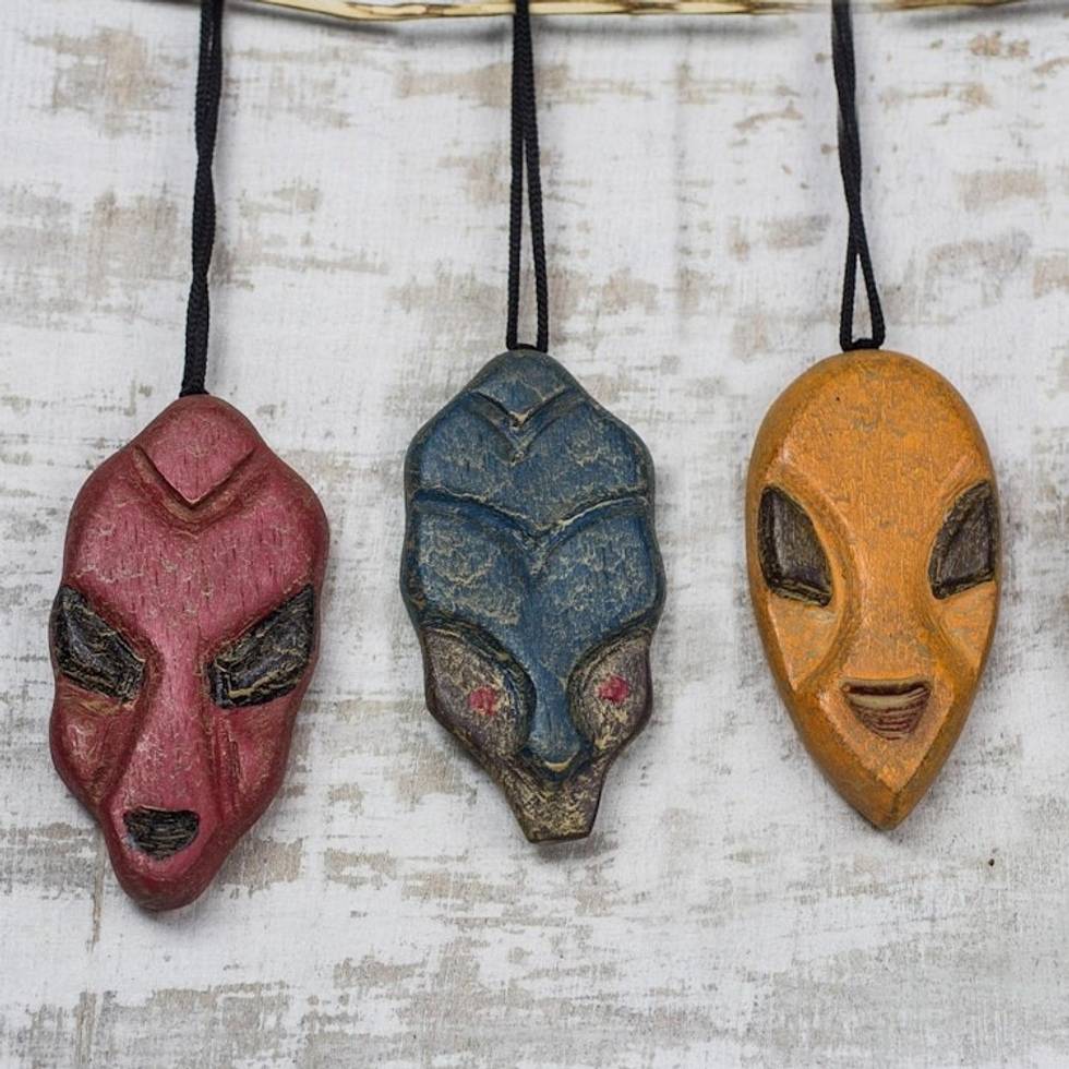 Wood African Mask Ornaments from Ghana Set of 3 'Mblo Masks'
