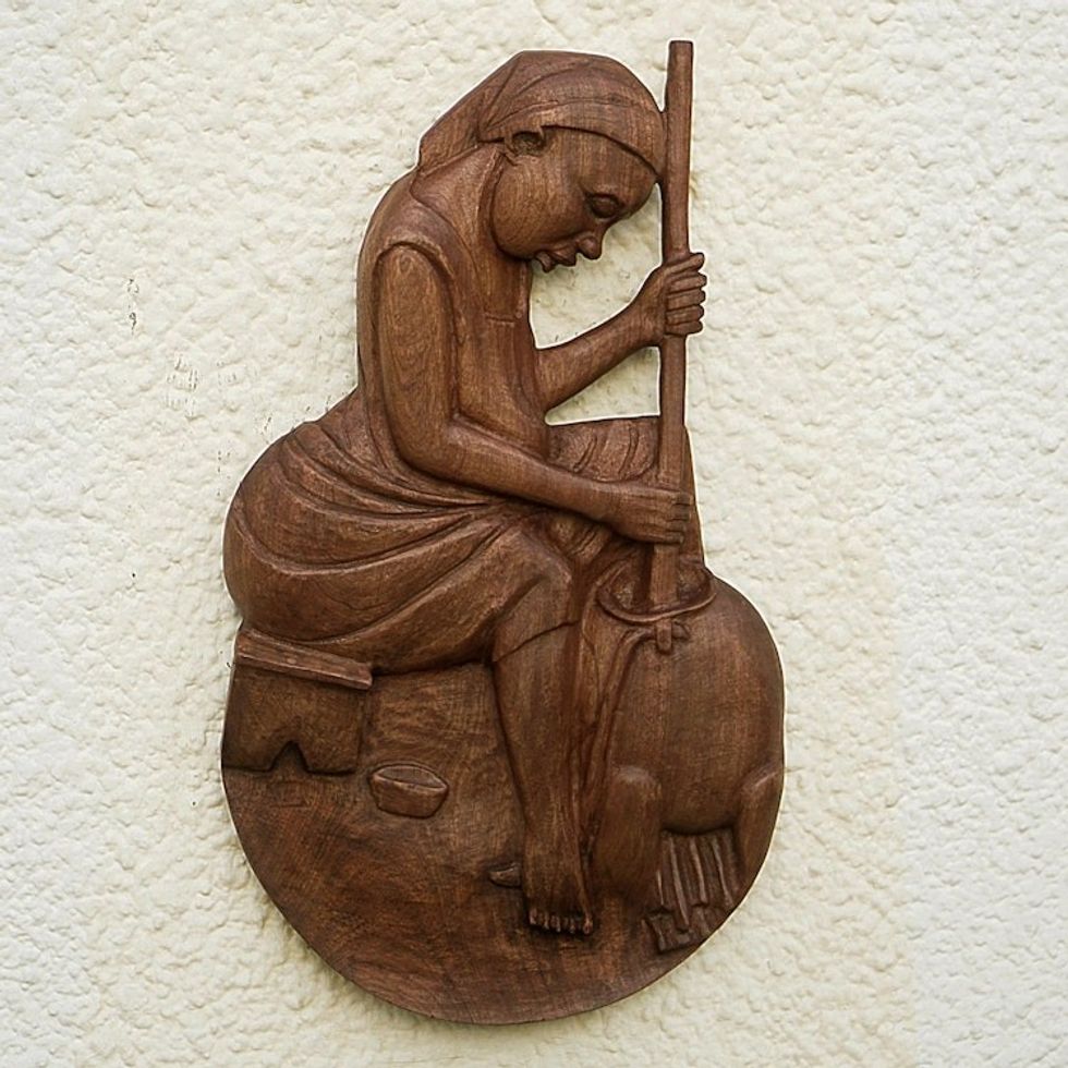 Baku Wood Relief Panel of a Woman Cooking from Ghana 'Evening Meal'