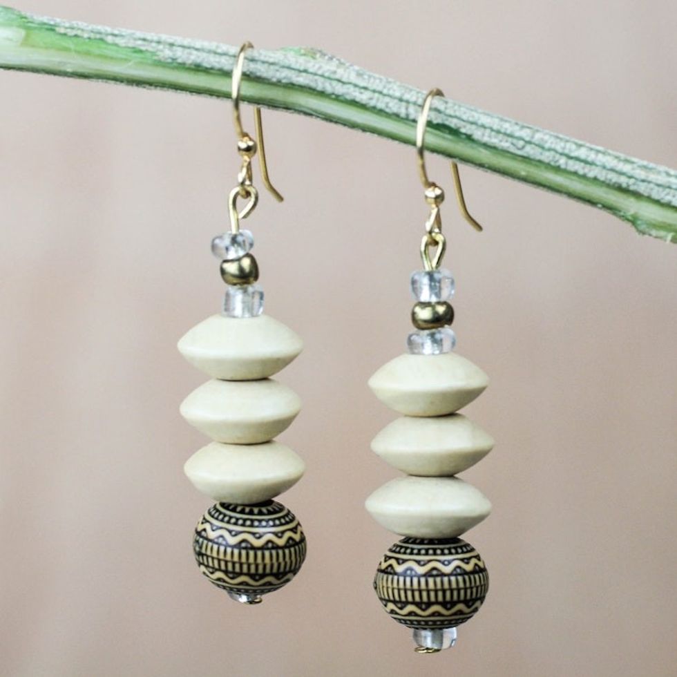 Wood and Recycled Plastic Beaded Dangle Earrings from Ghana 'African Innocence'