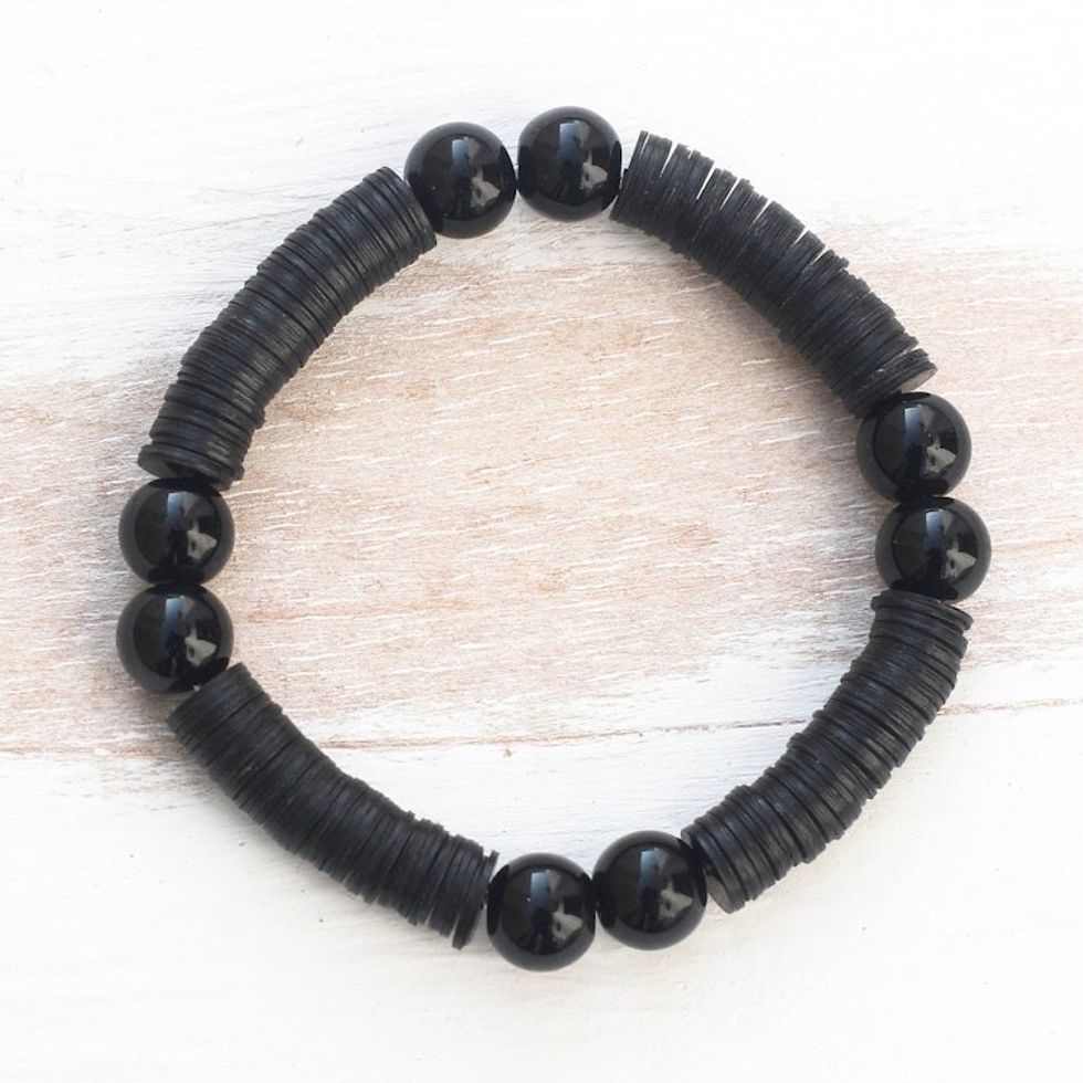 Black Recycled Plastic Beaded Stretch Bracelet from Ghana 'Tutum Yefe'