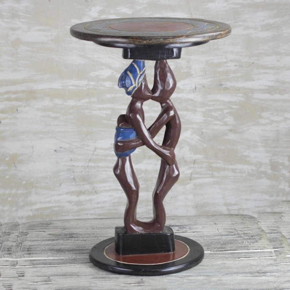 Cedar Wood Accent Table of Two People from Ghana 'Familial Love'