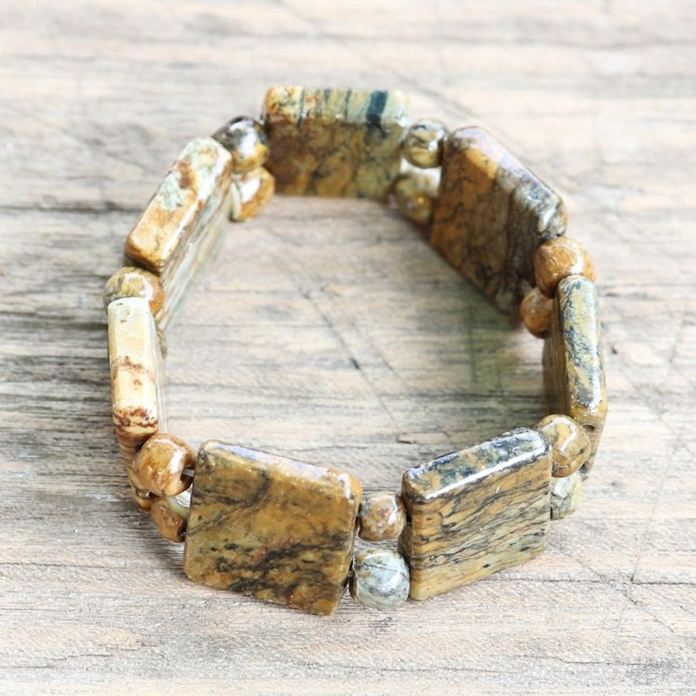 Natural Soapstone Beaded Beaded Stretch Bracelet from Ghana 'Natural Squares'