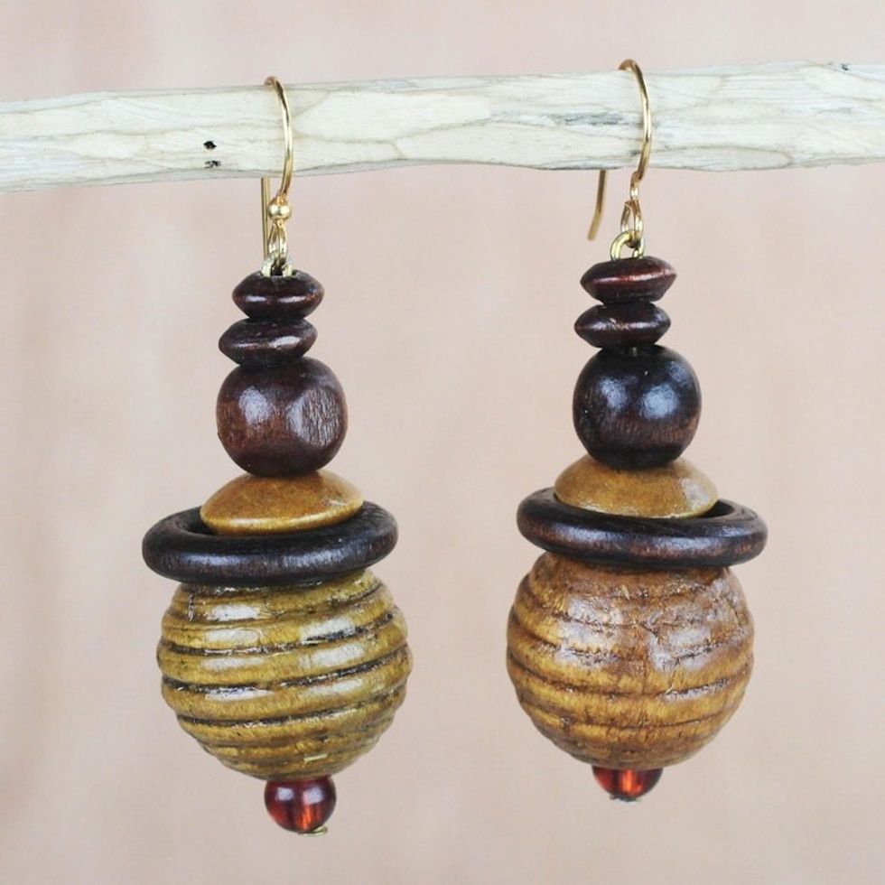 Sese Wood and Recycled Plastic Beaded Dangle Earrings 'Patient Soul'