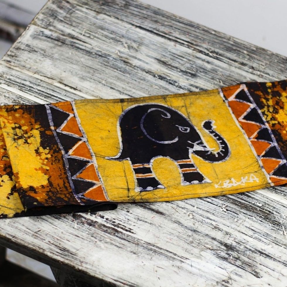 Elephant-Themed Batik Cotton Table Runner from Ghana 'Daffodil Elephant'