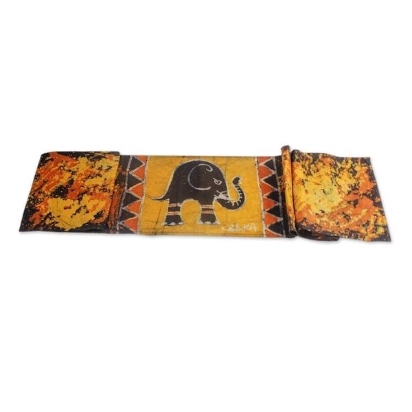 Alternate image for Elephant-Themed Batik Cotton Table Runner from Ghana Daffodil Elephant