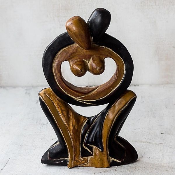 Alternate image for Couple Embracing Black and Brown Hand Carved Wood Statuette Maphikelela