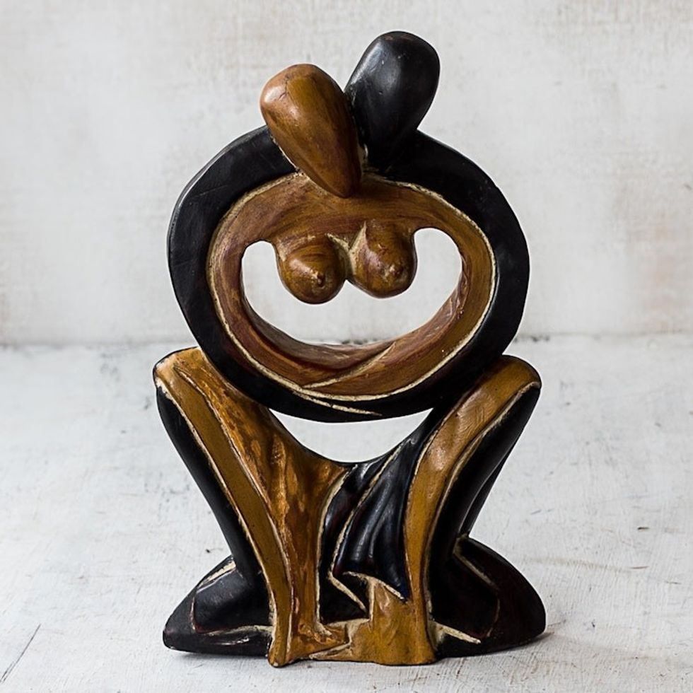 Couple Embracing Black and Brown Hand Carved Wood Statuette 'Maphikelela'