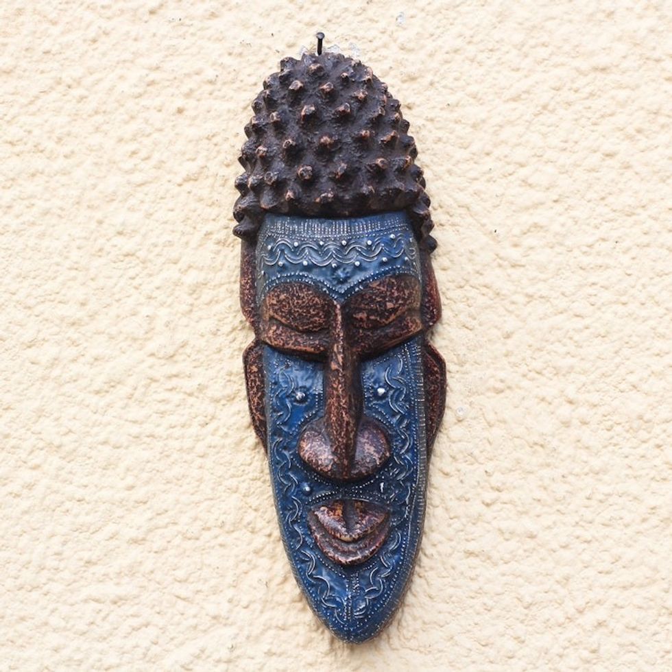 Blue and Brown African Wood and Aluminum Mask from Ghana 'Kabuame Face'