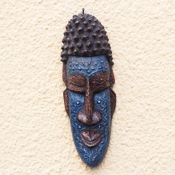Alternate image for Blue and Brown African Wood and Aluminum Mask from Ghana Kabuame Face