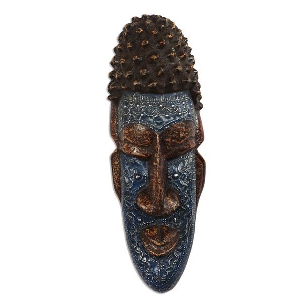 Alternate image for Blue and Brown African Wood and Aluminum Mask from Ghana Kabuame Face
