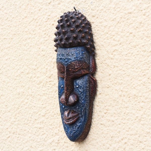 Alternate image for Blue and Brown African Wood and Aluminum Mask from Ghana Kabuame Face