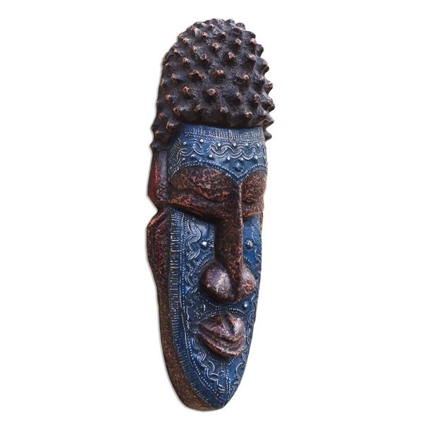 Alternate image for Blue and Brown African Wood and Aluminum Mask from Ghana Kabuame Face