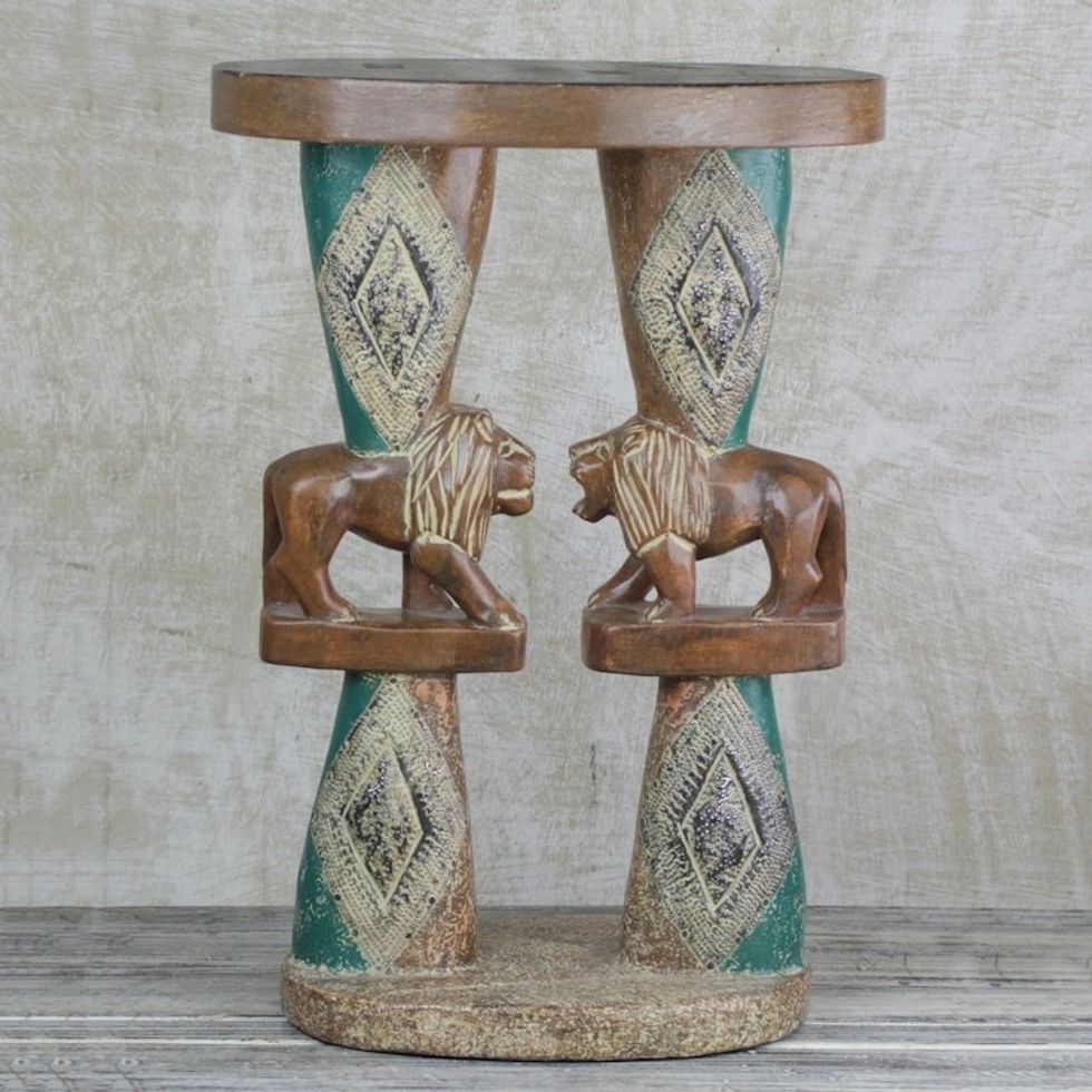 Lion-Themed Cedar Wood Accent Table Crafted in Ghana 'Conversing Lions'