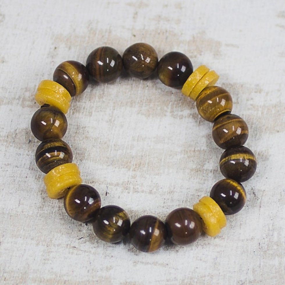 Tiger's Eye and Recycled Glass Beaded Stretch Bracelet 'Care for the Earth'