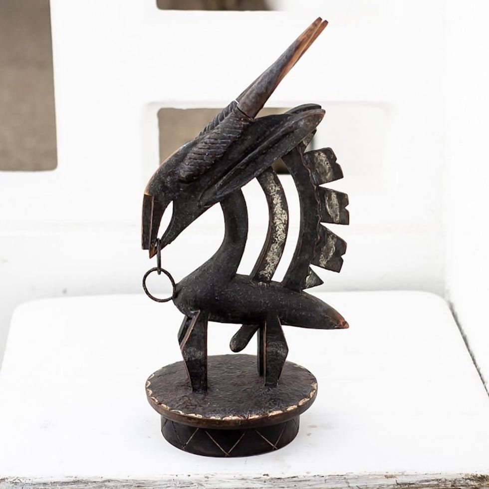 Hand Carved Sese Wood and Iron Antelope Sculpture 'Wild Bambara'