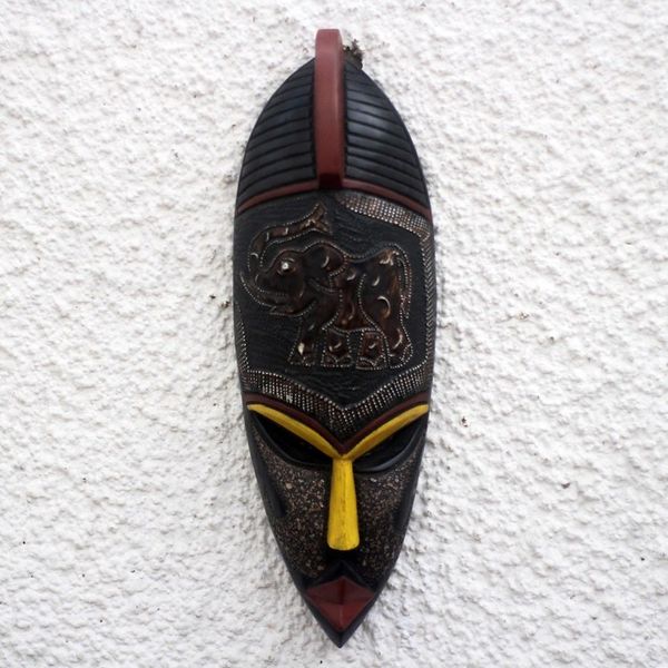 Alternate image for Elephant Themed African Sese Wood and Aluminum Mask Asomdwe Elephant