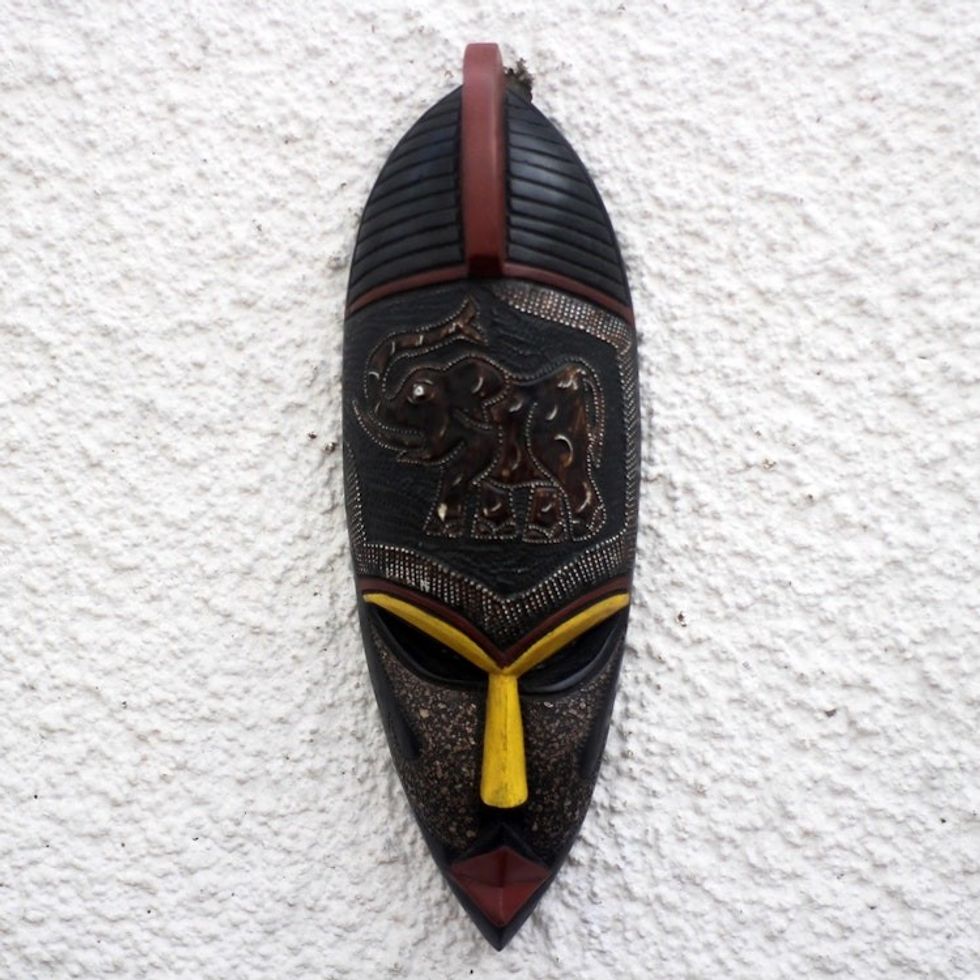 Elephant Themed African Sese Wood and Aluminum Mask 'Asomdwe Elephant'