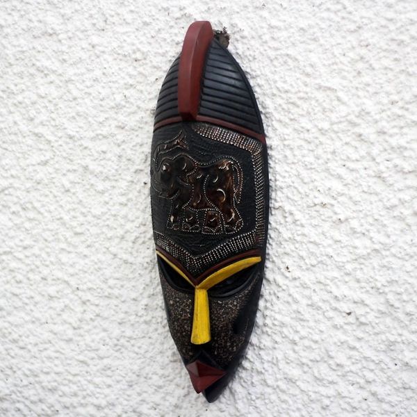 Alternate image for Elephant Themed African Sese Wood and Aluminum Mask Asomdwe Elephant