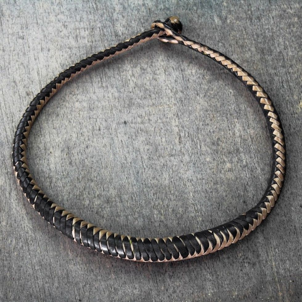 Black and Brown Hand-Braided Leather Necklace from Ghana 'Mpusia'