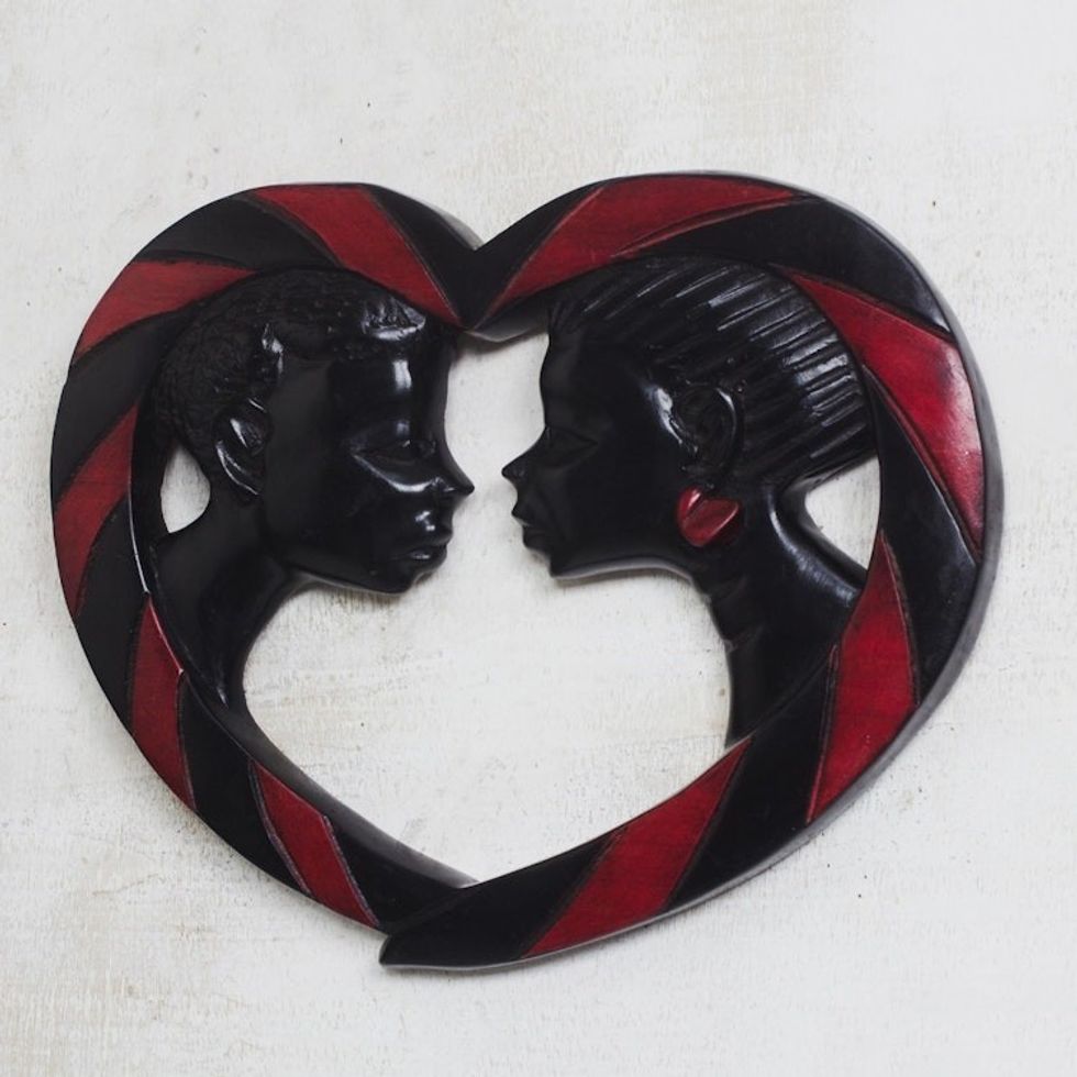 Romantic Sese Wood Wall Sculpture from Ghana 'Passionate Lovers'