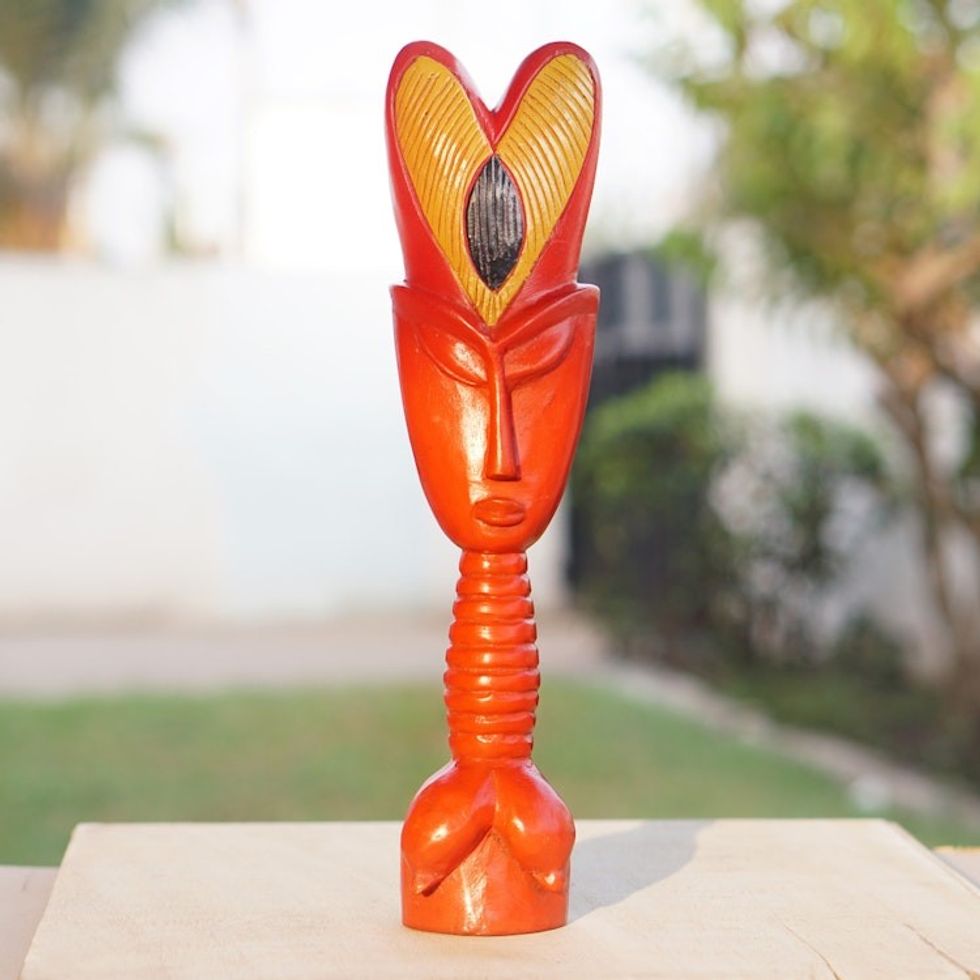 Heart Motif Wood Fante Fertility Doll Sculpture in Red 'Red Passion'