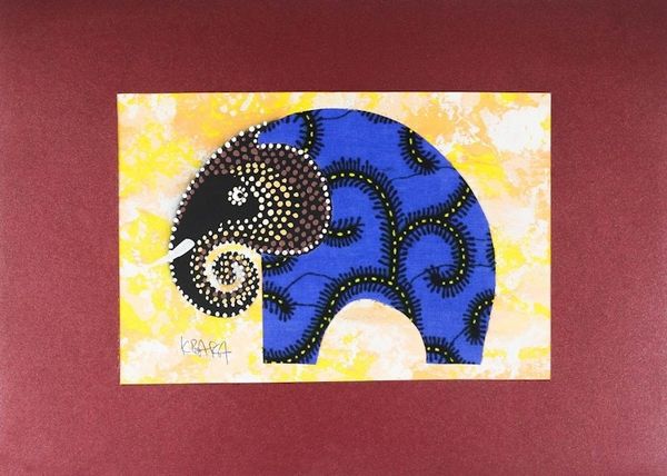 Alternate image for Modern Elephant Painting with Printed Cotton Accent in Blue Blue Elephant