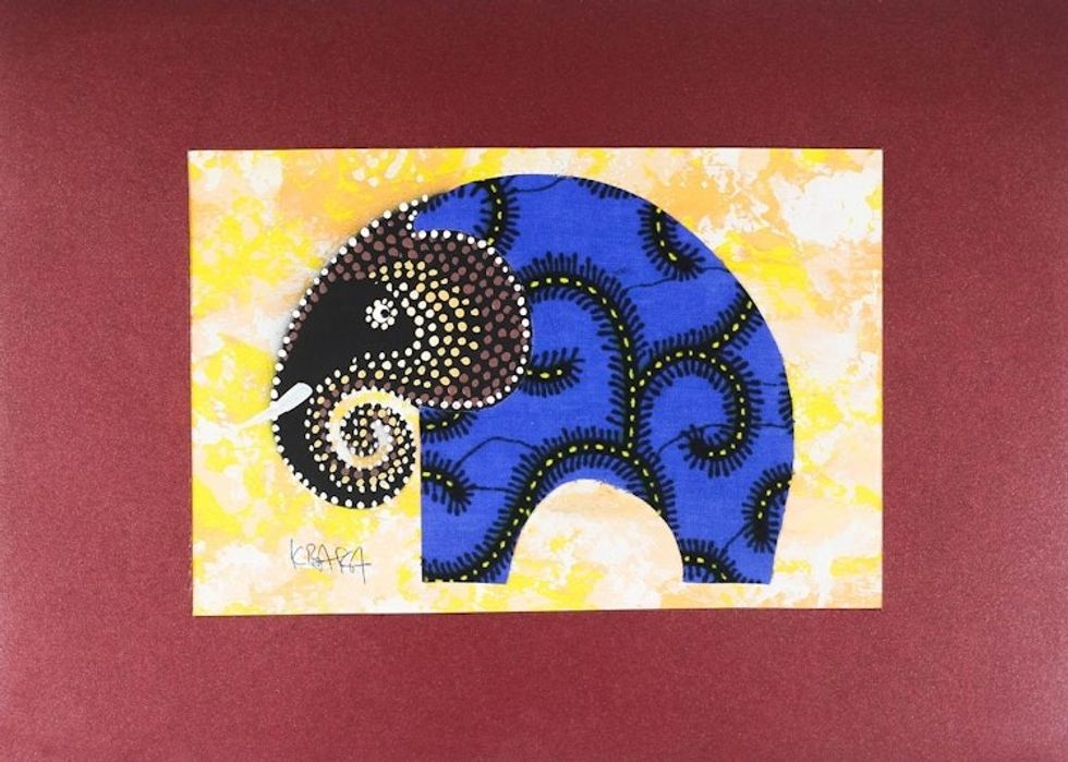 Modern Elephant Painting with Printed Cotton Accent in Blue 'Blue Elephant'