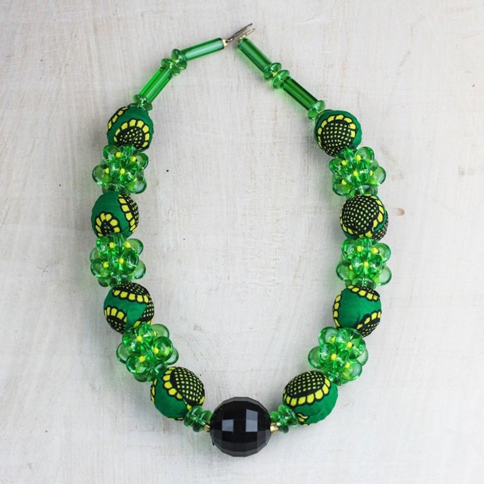 Recycled Plastic and Cotton Beaded Necklace in Green 'Green Goodness'