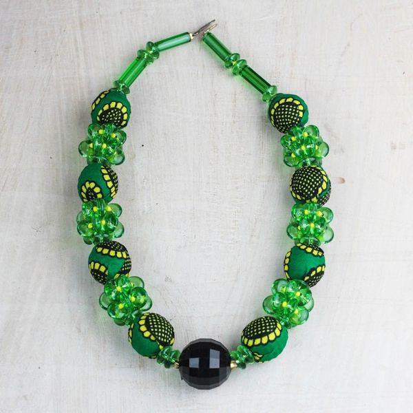 Alternate image for Recycled Plastic and Cotton Beaded Necklace in Green Green Goodness