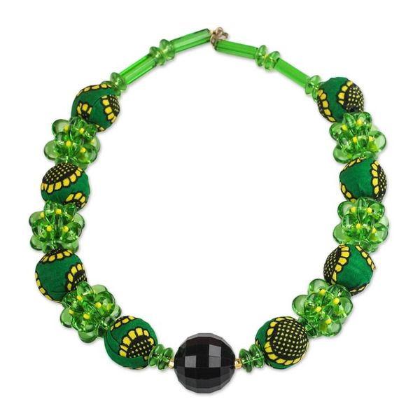 Alternate image for Recycled Plastic and Cotton Beaded Necklace in Green Green Goodness