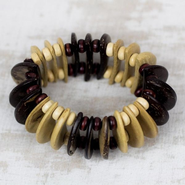 Alternate image for Coconut Shell and Wood Beaded Stretch Bracelet from Ghana Brown Half-Moons
