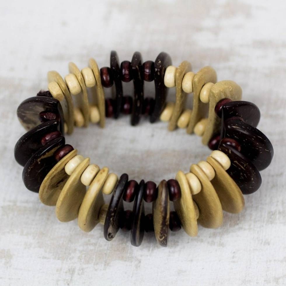 Coconut Shell and Wood Beaded Stretch Bracelet from Ghana 'Brown Half-Moons'
