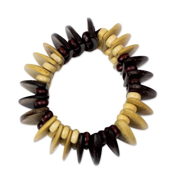Alternate image for Coconut Shell and Wood Beaded Stretch Bracelet from Ghana Brown Half-Moons