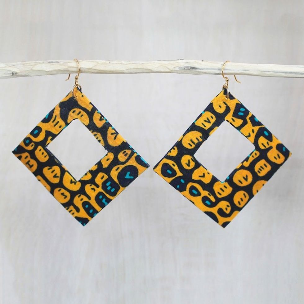 Square Cotton Dangle Earrings in Orange from Ghana 'Orange Aseda'