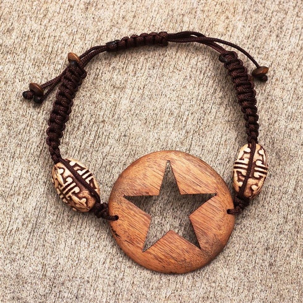 Hand Made Ebony Wood Star-Motif Pendant Bracelet 'Night on Earth'