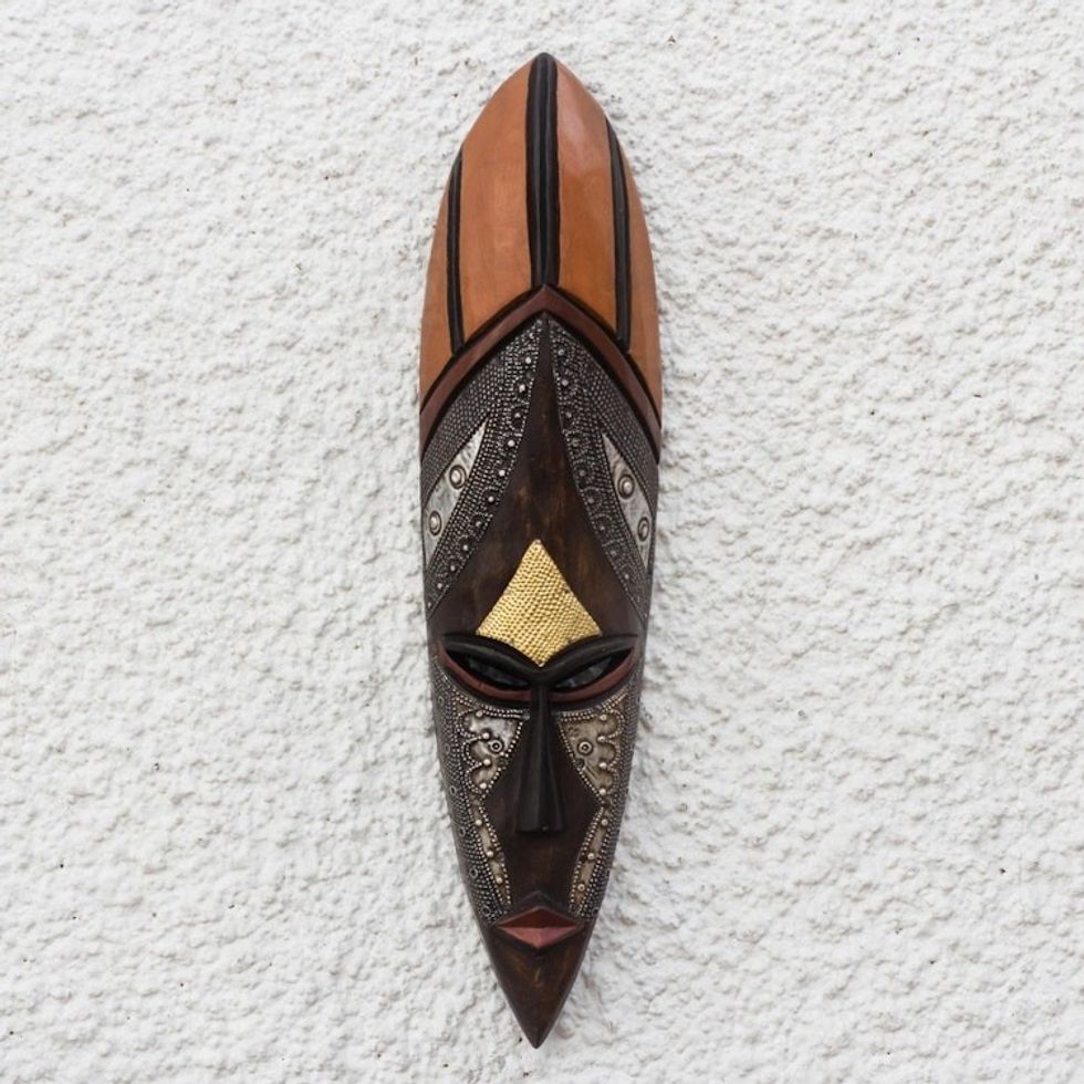 Tall African Wood Mask with Brass and Aluminum Accents 'African Empress'