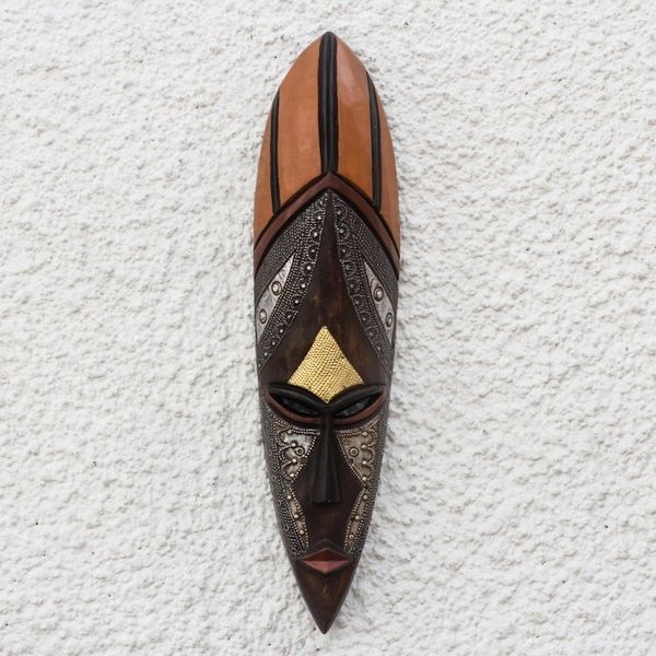 Alternate image for Tall African Wood Mask with Brass and Aluminum Accents African Empress