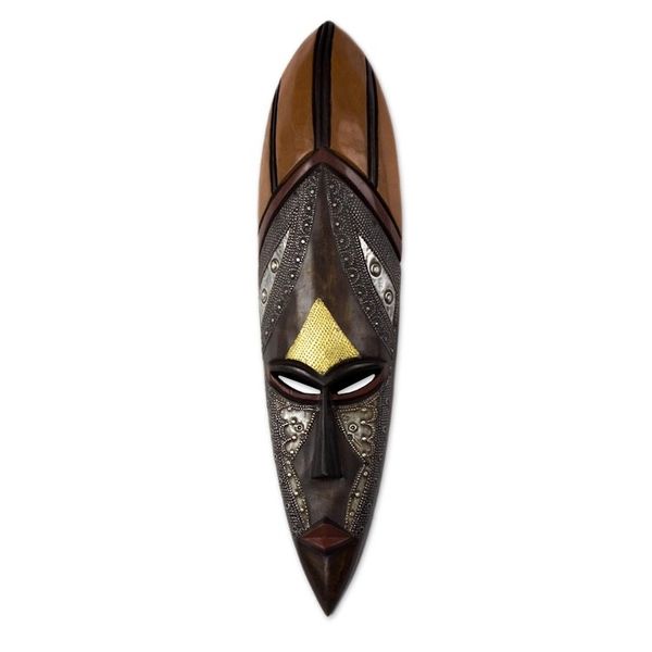 Alternate image for Tall African Wood Mask with Brass and Aluminum Accents African Empress