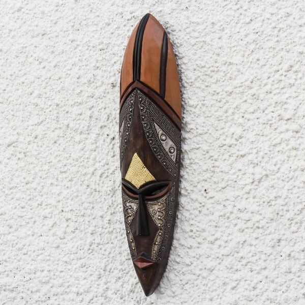 Alternate image for Tall African Wood Mask with Brass and Aluminum Accents African Empress